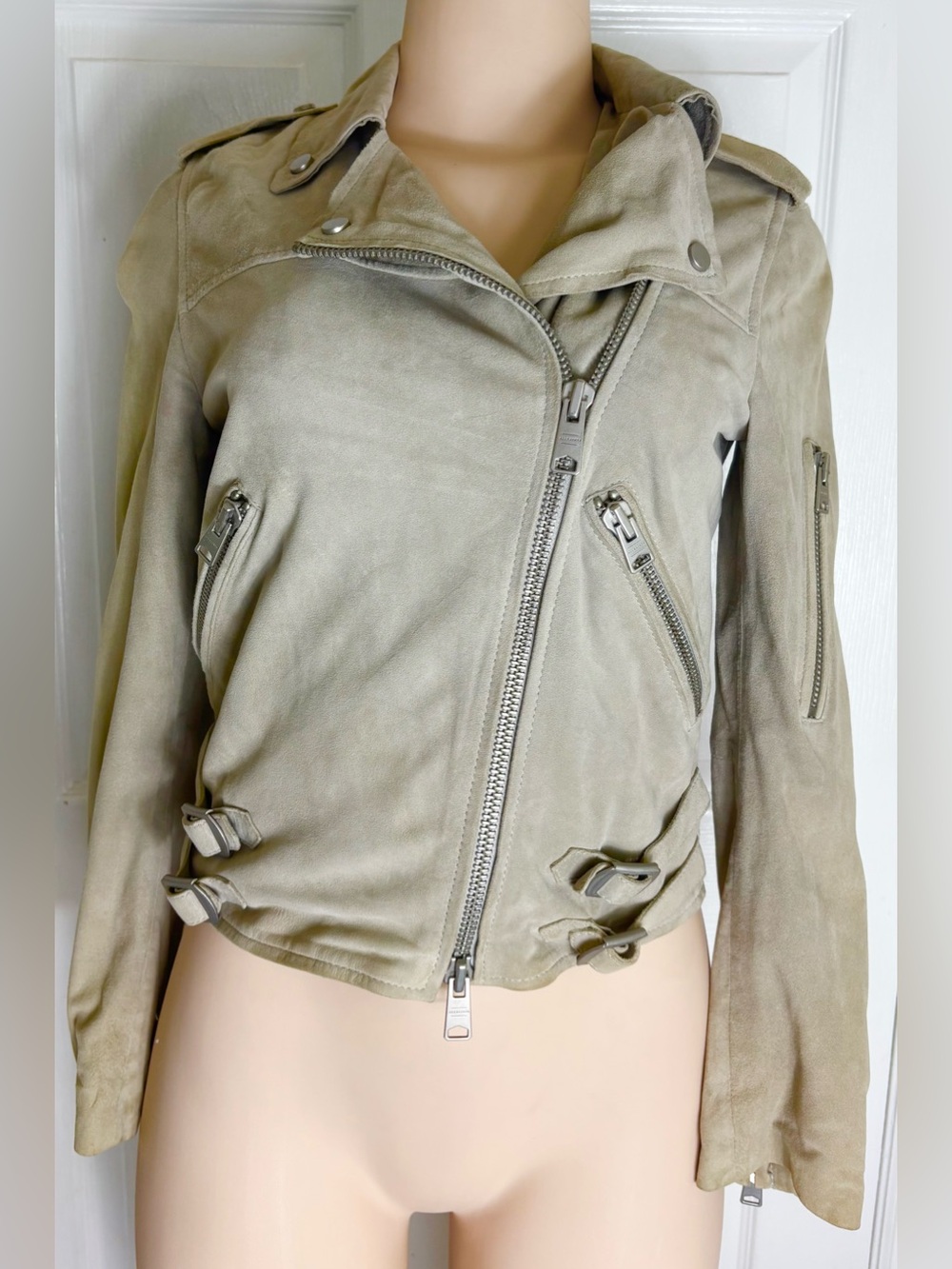 AllSaints Latham Goat Suede Moto Biker Jacket Greige Stone Taupe US 2 UK 6